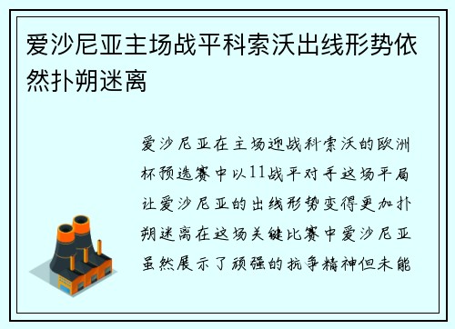 爱沙尼亚主场战平科索沃出线形势依然扑朔迷离