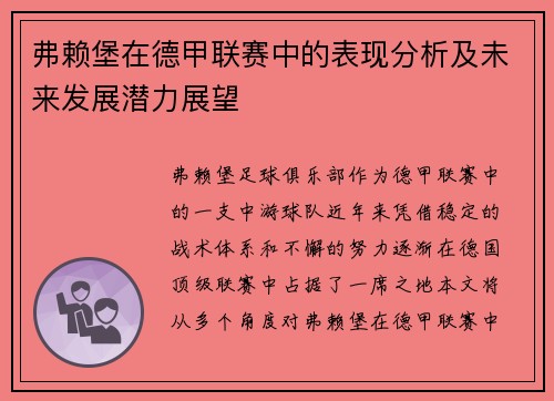 弗赖堡在德甲联赛中的表现分析及未来发展潜力展望