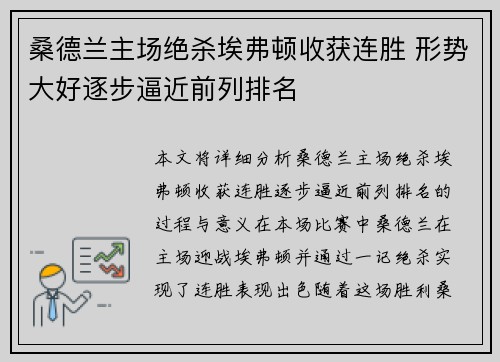 桑德兰主场绝杀埃弗顿收获连胜 形势大好逐步逼近前列排名