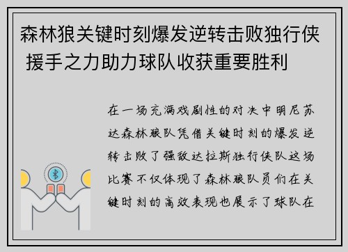 森林狼关键时刻爆发逆转击败独行侠 援手之力助力球队收获重要胜利