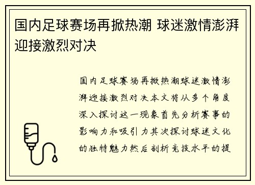 国内足球赛场再掀热潮 球迷激情澎湃迎接激烈对决