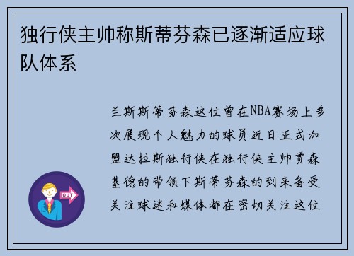 独行侠主帅称斯蒂芬森已逐渐适应球队体系