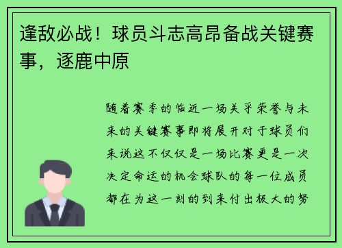 逢敌必战！球员斗志高昂备战关键赛事，逐鹿中原