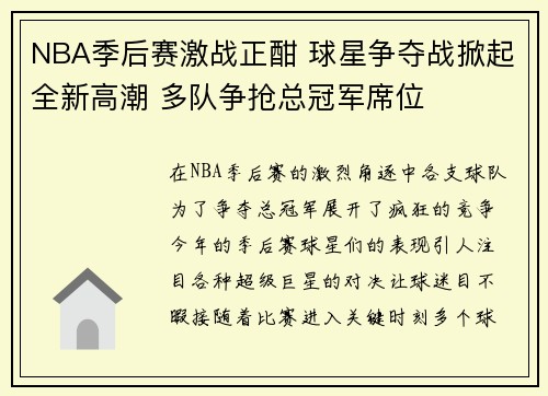 NBA季后赛激战正酣 球星争夺战掀起全新高潮 多队争抢总冠军席位